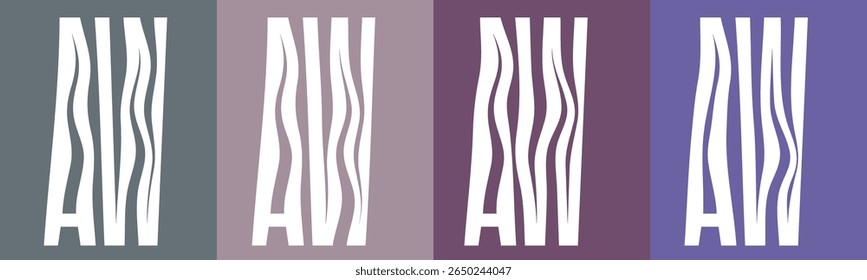 Quatro painéis verticais exibem as letras brancas A, V e W em uma fonte ondulada e distorcida.