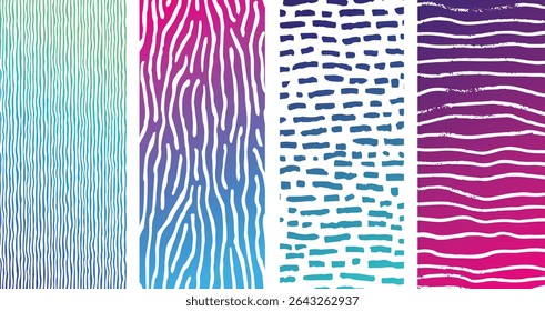 Cuatro paneles de Vertical presentan patrones abstractos sin costuras. Los colores degradados van desde el verde azulado y azul hasta el rosa y el púrpura con líneas blancas que crean rayas y texturas.