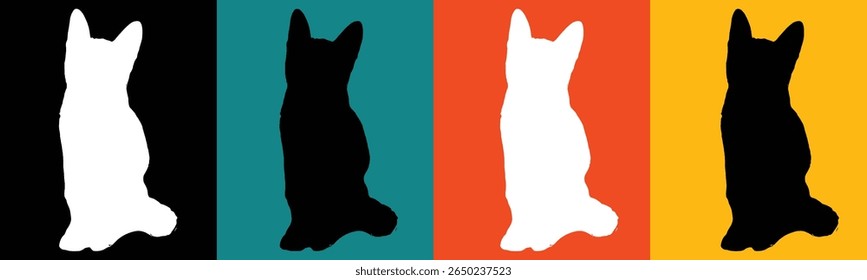 Cuatro paneles de Vertical presentan siluetas de un perro sentado. 