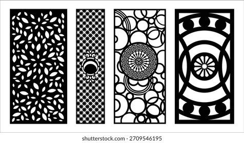 Four vertical panels featuring distinct black and white decorative patterns including leaves circles and geometric shapes.