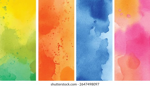 Four vertical panels showcasing vibrant watercolor textures in yellowgreen orange red blue and pink hues featuring irregular blotches and gradients