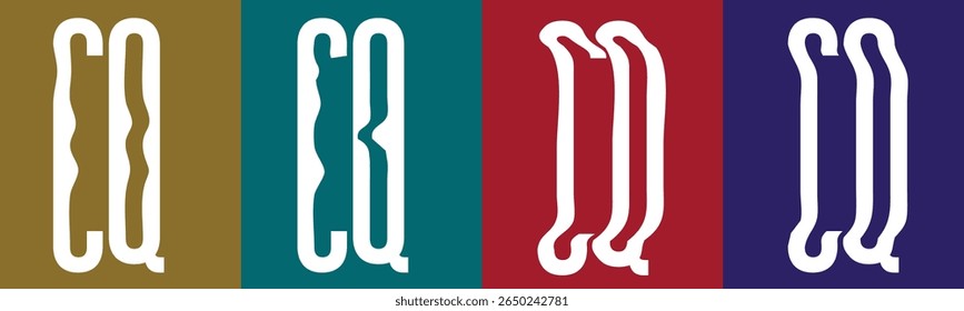 Quatro painéis verticais de cor sólida, cada um com uma forma abstrata branca.