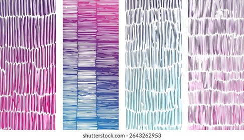Quatro painéis verticais de listras texturizadas em cores de gradiente rosa roxo azul e azul escuro contra um fundo branco. As listras são desenhadas à mão.