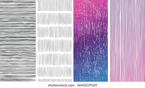 Four vertical seamless patterns featuring various line styles and color schemes gray scale horizontal lines gray vertical lines pink purple gradient vertical lines