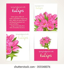 Four vertical spring banners set with pink tulips bouquet on a white background