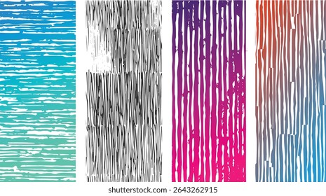Four vertical stripe patterns in teal blue, black and white, pink and purple, and red and blue gradients. Rough textured lines on white background.