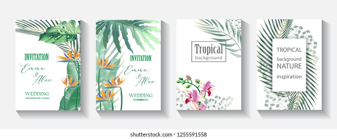 Four vertical vector banner with realistic detailed tropical leaves  and Strelitzia flower. Card template design.  Design elements for cosmetics products, wellness, spa and floristic shop.