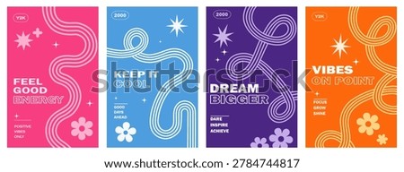 four vertical vector poster templates that showcase a vibrant retro Y2K design aesthetic. Each template is built on a solid background of hot pink, bright blue, deep purple, or bold orange, which beautifully contrasts with the abstract, winding multi-line paths looping across the canvas. Nostalgic design elements like four-point sparkle stars and minimalist retro flowers accent the space, surrounding bold motivational typography that features phrases such as FEEL GOOD ENERGY and KEEP IT COOL. Ultimately, these clean geometric layouts effortlessly blend futuristic millennium themes with groovy 90s vibes.