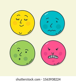 Four very popular emoticons. Vector. Illustrations of emotional states. Icons for website and labels. Kawaii Emoji. Chubby faces in the form of stickers.