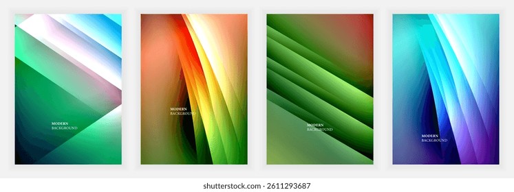 Four vibrant abstract backgrounds. Diagonal lines create dynamic visual flow. Colors blend smoothly, offering modern aesthetic appeal. Designs suggest energy, movement, sophistication.