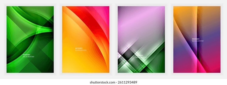 Four vibrant abstract backgrounds. Dynamic curves, geometric shapes create modern designs. Colors include green, red, purple, orange variations. Smooth gradients dominate each composition.