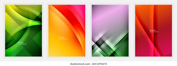 Four vibrant abstract backgrounds. Dynamic curves, smooth gradients create modern designs. Colors include green, orange, pink, red. Geometric shapes add visual interest.