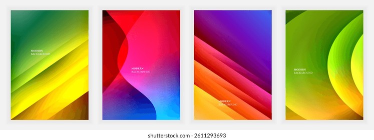 Four vibrant abstract backgrounds. Dynamic gradients, flowing shapes create modern aesthetic. Colors blend seamlessly, offering visual interest. Designs suggest energy, movement.