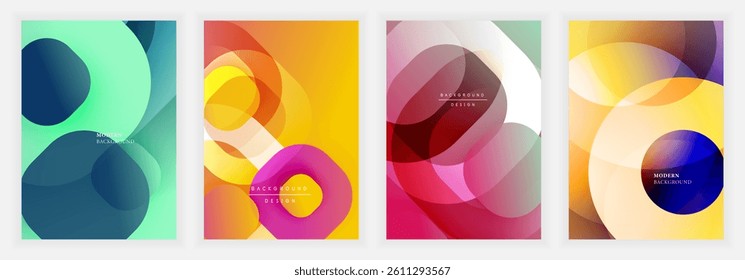 Four vibrant abstract backgrounds feature overlapping circles, gradients, modern design elements. Colors include blues, yellows, pinks, oranges creating dynamic compositions.