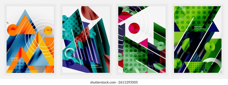 Four vibrant abstract backgrounds. Geometric shapes overlap, creating dynamic compositions. Colors include blue, orange, green, pink, white. Modern design elements present.