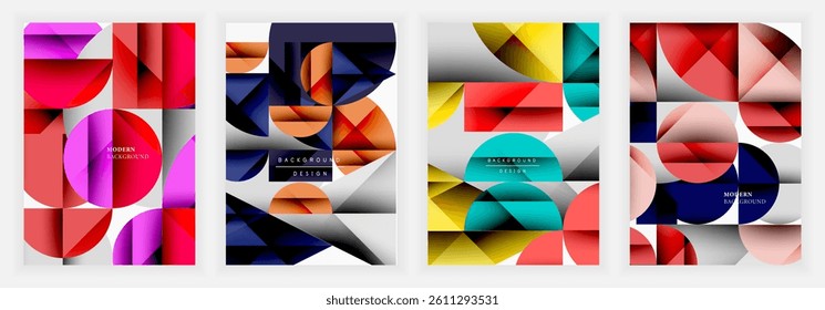 Four vibrant abstract backgrounds. Geometric shapes overlap, creating dynamic compositions. Colors include pinks, blues, oranges, reds, yellows, plus gradients. Modern design elements present.