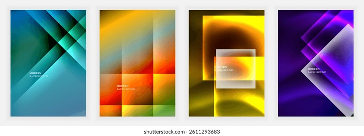 Four vibrant abstract backgrounds. Geometric shapes overlap, creating gradients. Colors include blues, oranges, yellows, purples. Modern design elements present.