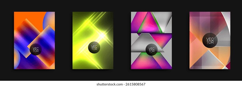 Four vibrant abstract backgrounds. Geometric shapes overlap, creating dynamic visual effects. Bright colors dominate designs. Vector graphics present modern aesthetic.