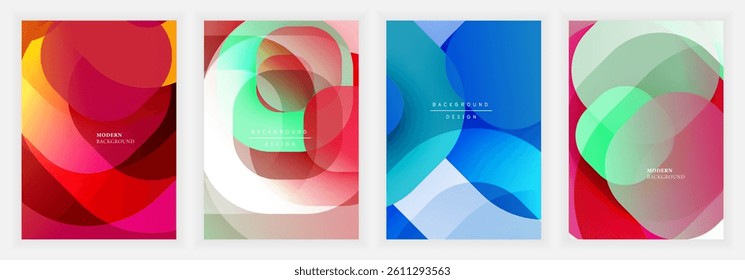 Four vibrant abstract backgrounds. Overlapping shapes create dynamic compositions using gradients, curves, modern design elements. Colors include pinks, blues, greens, yellows.