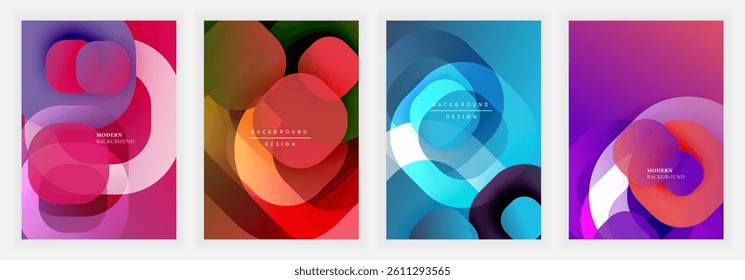 Four vibrant abstract backgrounds. Overlapping circles create dynamic compositions using gradients, color transitions, modern design elements. Minimal text present.