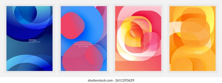 Four vibrant abstract backgrounds. Overlapping circles create dynamic compositions using gradients. Colors range from blues, reds, oranges, yellows. Modern design elements present.