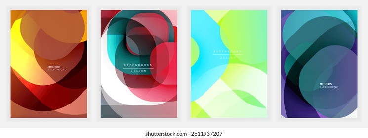 Four vibrant abstract backgrounds. Overlapping shapes create dynamic compositions using gradients, curves, modern design elements. Colors include yellow, blue, green, purple.