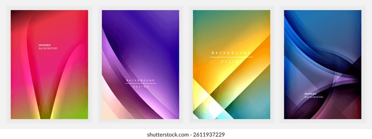 Four vibrant abstract backgrounds. Smooth gradients blend colors, creating dynamic wave shapes. Modern designs suitable for digital projects, presentations.