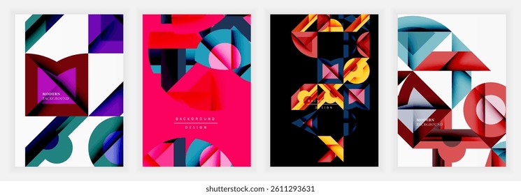 Four vibrant abstract designs. Geometric shapes overlap, creating dynamic compositions. Colors include purple, pink, teal, yellow, red, black, white. Modern aesthetic.