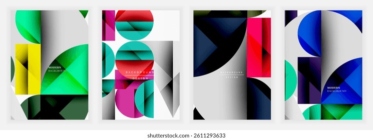 Four vibrant abstract designs. Geometric shapes overlap, creating dynamic compositions. Colors blendgreens, blues, pinks, purples dominate. Modern backgrounds suggest digital art or graphic templates.