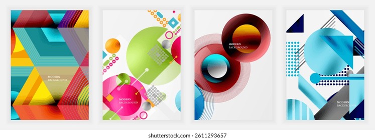 Four vibrant abstract designs. Geometric shapes overlap, creating colorful compositions. Modern backgrounds feature circles, hexagons, squares, lines, dots, gradients. Bright hues dominate visuals.