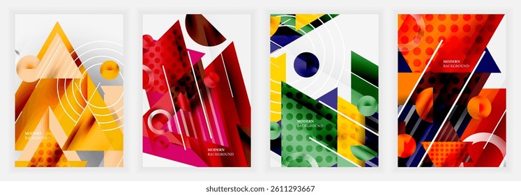 Four vibrant abstract designs. Geometric shapes overlap, creating dynamic compositions. Bright colorsyellows, reds, blues, greensdominate each panel. Modern aesthetic, suitable for backgrounds or digi