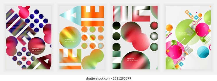 Four vibrant abstract designs. Geometric shapes, circles, squares overlap creating colorful compositions. Modern backgrounds suggest digital art, graphic elements.
