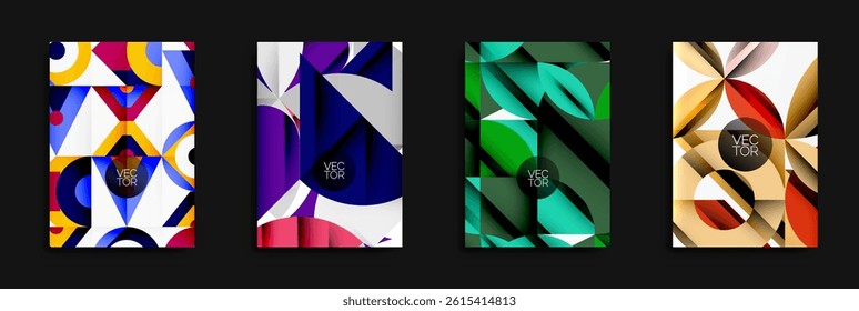 Four vibrant abstract designs. Geometric shapes overlap, creating dynamic compositions. Colors varyyellow, blue, purple, green, red, beige.