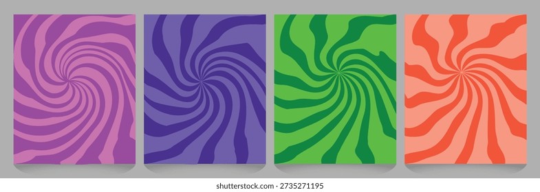 Four vibrant abstract posters featuring swirling psychedelic patterns in contrasting colors: purple and pink, deep purple, green and dark green, and orange and coral.