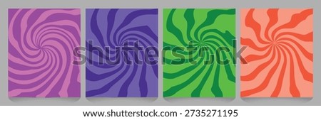 Four vibrant abstract posters featuring swirling psychedelic patterns in contrasting colors: purple and pink, deep purple, green and dark green, and orange and coral.