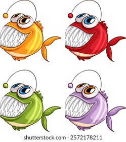 Four vibrant anglerfish with playful expressions