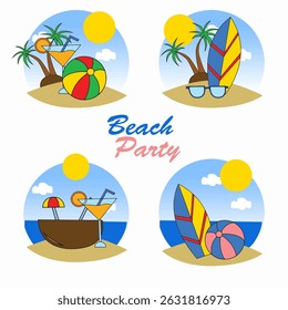Four Vibrant Beach and Summer-Themed Vector Illustrations with Surfers and Cocktails Representing Beach Party Icon