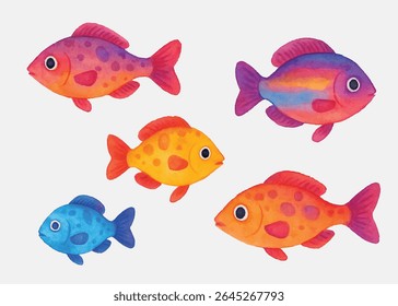 Quatro vibrantes peixes betta em tons arrojados de vermelho, laranja, azul e verde com barbatanas elegantes e fluidas, ideais para arte com tema aquático, decoração, ilustrações de animais de estimação e desenhos digitais atraentes.