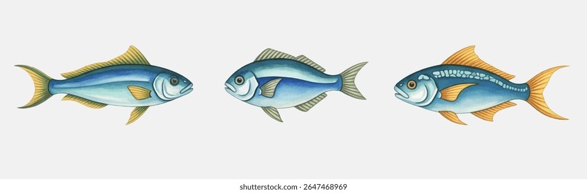 Quatro vibrantes peixes betta em tons arrojados de vermelho, laranja, azul e verde com barbatanas elegantes e fluidas, ideais para arte com tema aquático, decoração, ilustrações de animais de estimação e desenhos digitais atraentes.