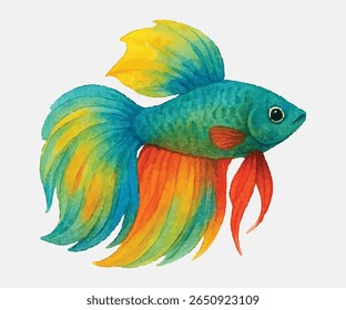 Four vibrant betta fish in bold shades of red, orange, blue, and green with elegant, flowing fins ideal for aquatic-themed art, decor, pet illustrations, and eye-catching digital designs.