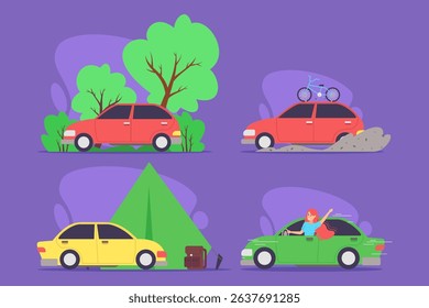 Four vibrant cars in various outdoor activities including camping, biking, and off-roading. Each car surrounded by nature. Joy of exploration and adventure concept