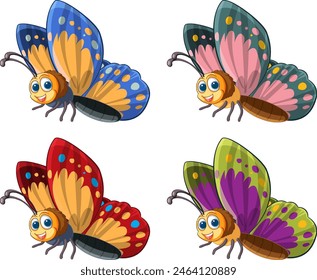 Four vibrant, cartoon-style butterfly illustrations