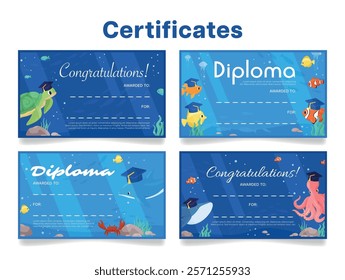 Four vibrant certificates showcase an underwater theme with sea creatures such as turtles, fish and octopuses. Each certificate celebrates achievements in a fun, engaging style.