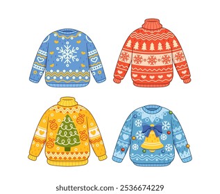 Four Vibrant Christmas Sweaters Featuring Winter Holiday Designs Include Snowflakes, Christmas Trees And Festive Pattern