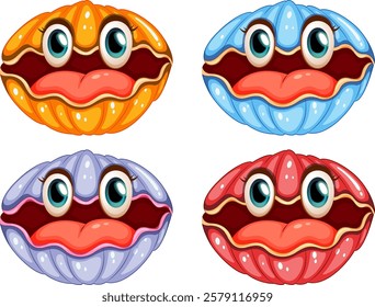 Four vibrant clams with animated faces