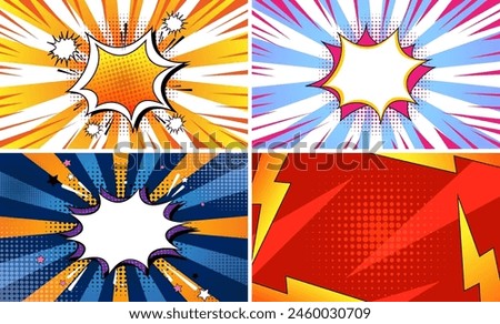 Four vibrant comic book style explosion panels