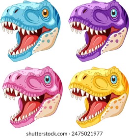 Four vibrant dinosaur heads in different colors