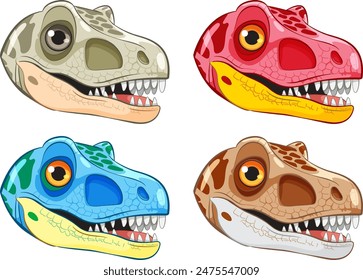 Four vibrant dinosaur heads in different colors