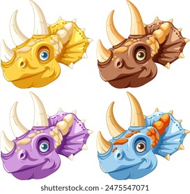 Four vibrant dinosaur heads in different colors