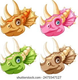 Four vibrant dinosaur heads in different colors